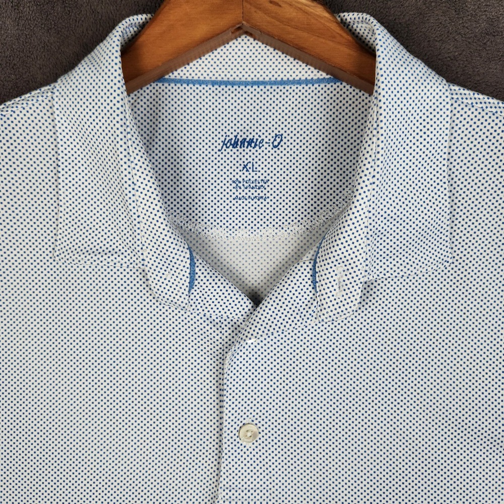 johnnie-O Polo Shirt Mens XL White Blue Micro Diamond Stretch Performance